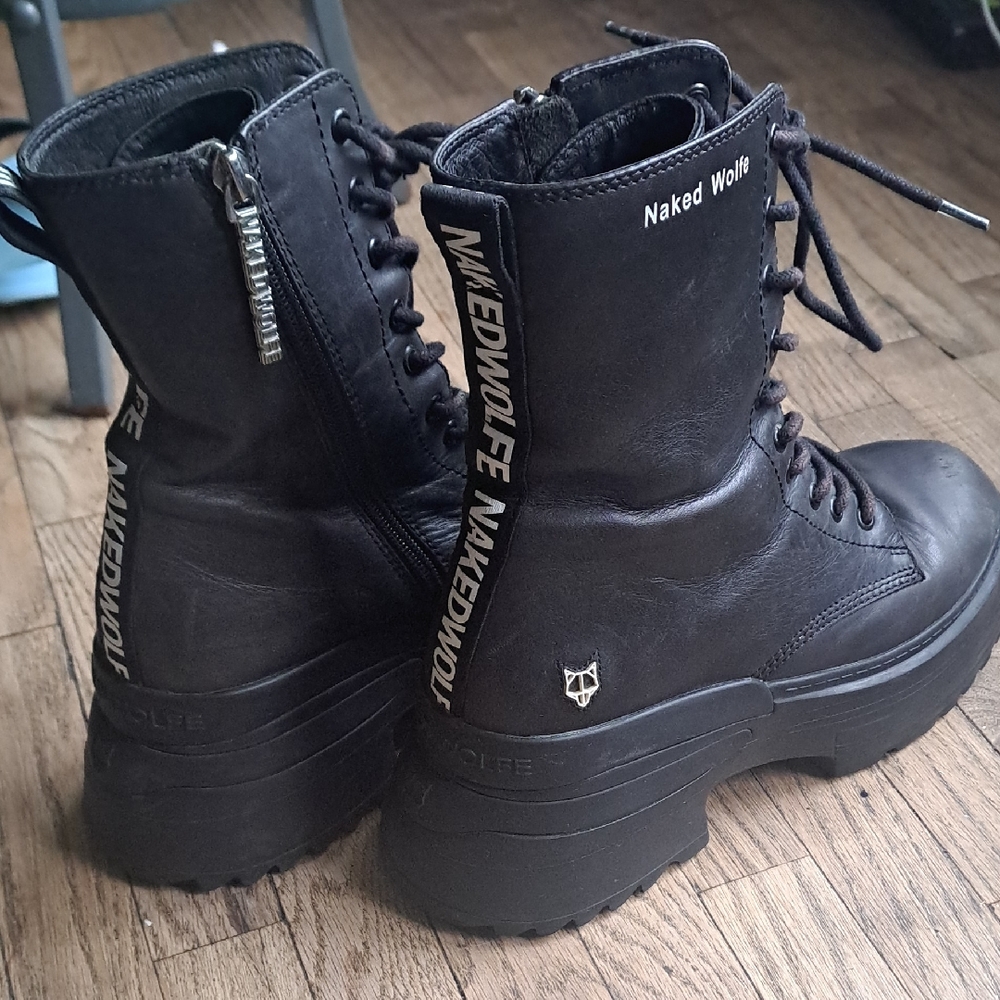 Naked Wolfe Black Lace-Up Platform Combat Boot..
